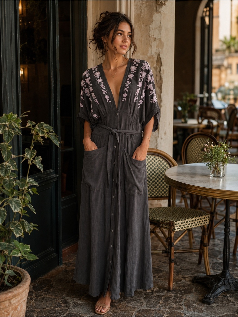 Free People Charcoal Embroidered Maxi Duster Dress Boho Button Front L